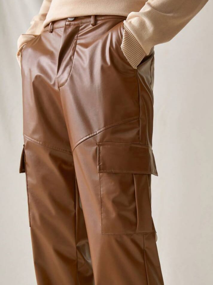 Bonga Boys Men's VCAY Solid Color PU Leather Cargo Pocket Straight Casual Woven Pants